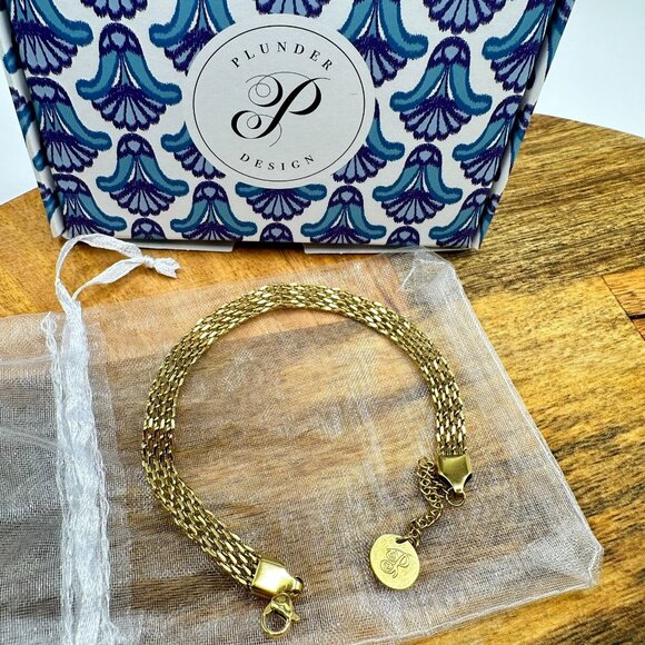 Plunder Design Miles Bracelet Gold Tone Adjustable Chain Stainless Casual Minima - Picture 2 of 4